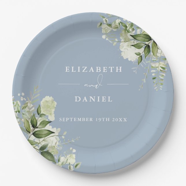 Greenery Floral Elegant Dusty Blue Wedding Paper Plate (Front)