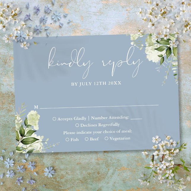 Greenery Floral Elegant Dusty Blue Wedding RSVP Card (Greenery Floral Elegant Dusty Blue Wedding RSVP Card)