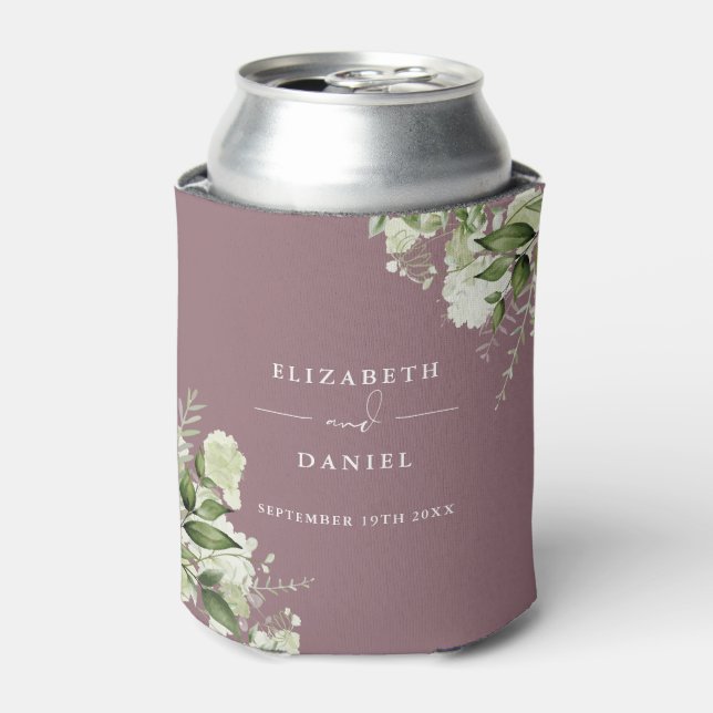 Greenery Floral Elegant Mauve Wedding Can Cooler (Can Front)