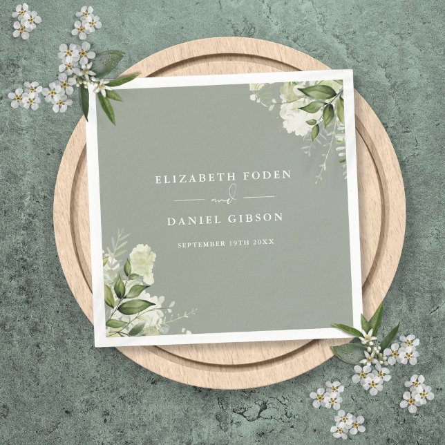 Greenery Floral Elegant Names Date Sage Green Napkin (Greenery Floral Elegant Names Date Sage Green Napkins)