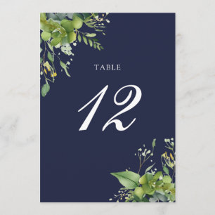 Greenery Floral Elegant Navy Blue Table Number