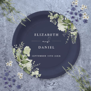 Greenery Floral Elegant Navy Blue Wedding Paper Plate