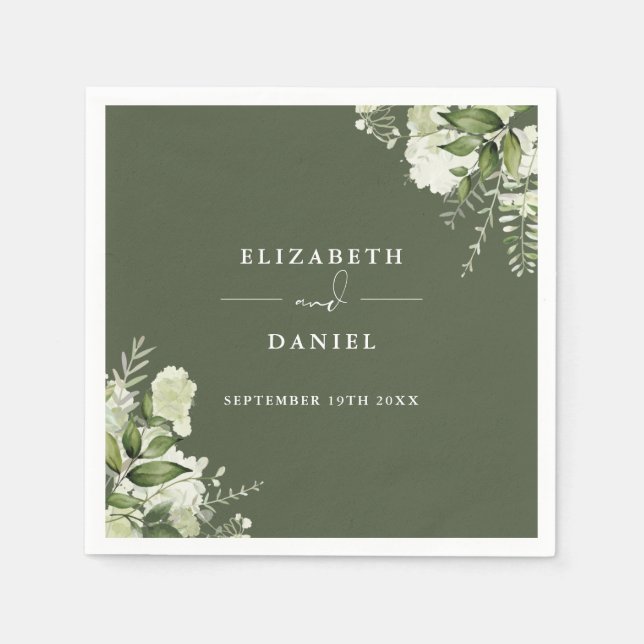 Greenery Floral Elegant Olive Green Wedding Napkin (Front)