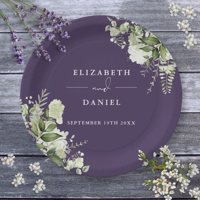 Greenery Floral Elegant Purple Wedding Paper Plate (Greenery Floral Elegant Purple Wedding Paper Plates)