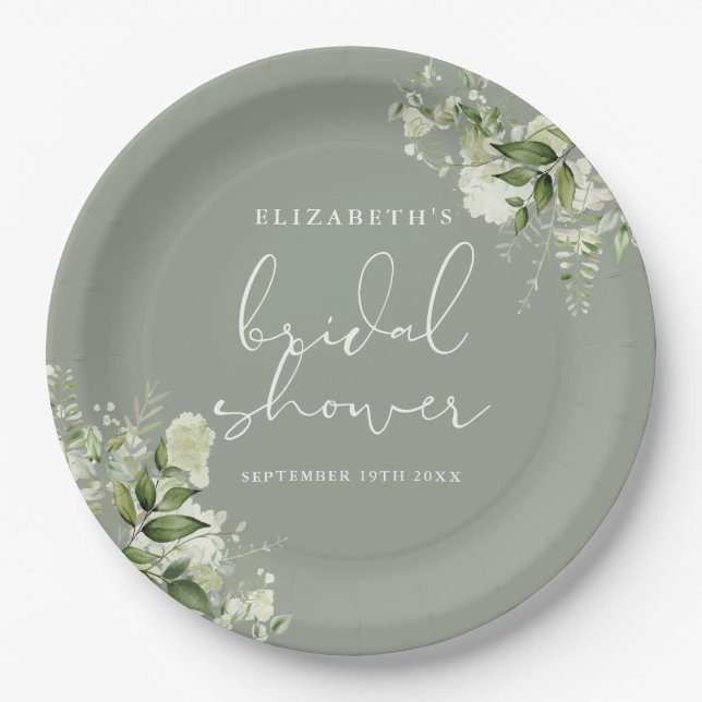 Greenery Floral Elegant Sage Green Bridal Shower Paper Plate (Front)