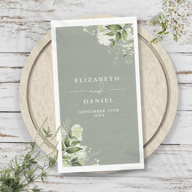 Greenery Floral Elegant Sage Green Wedding Napkin (Greenery Floral Elegant Sage Green Wedding Paper Guest Towels)