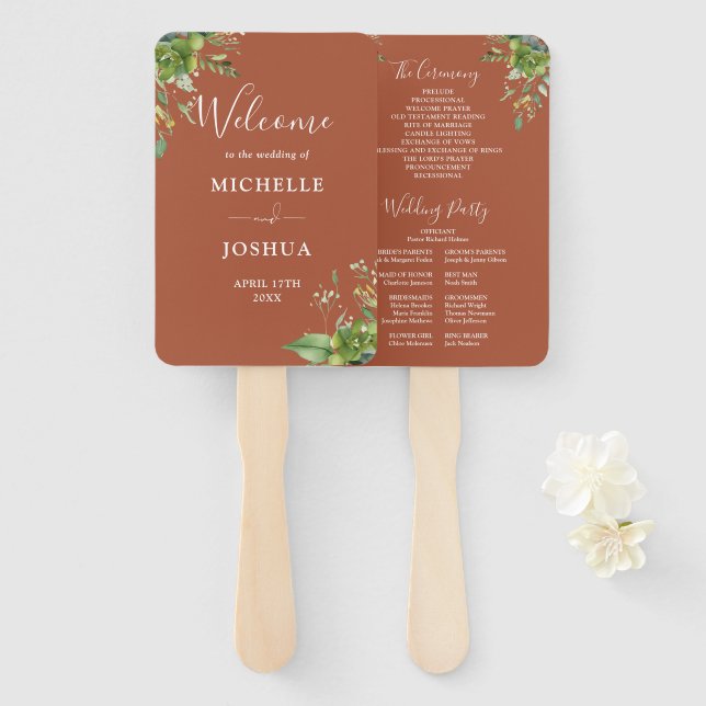 Greenery Floral Elegant Terracotta Wedding Program Hand Fan (Front and Back)