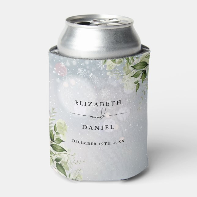 Greenery Floral Elegant Winter Wedding Can Cooler (Can Front)