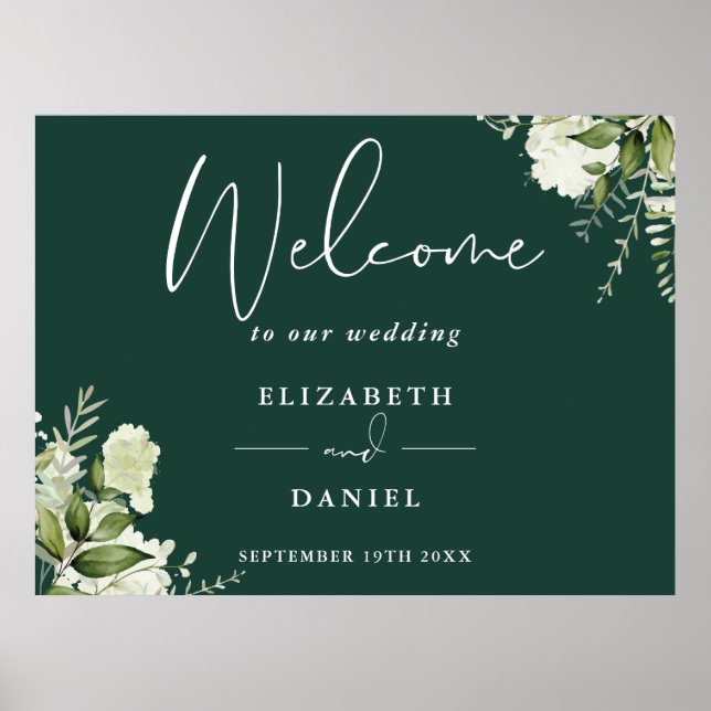 Greenery Floral Emerald Green Wedding Welcome Sign (Front)
