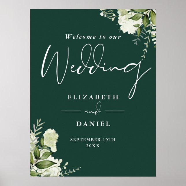 Greenery Floral Emerald Green Wedding Welcome Sign (Front)