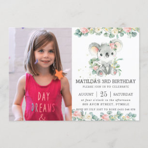 Greenery Floral Eucalyptus Koala Birthday Photo Invitation