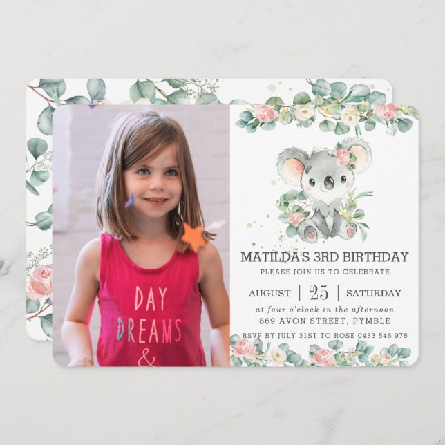 Greenery Floral Eucalyptus Koala Birthday Photo Invitation (Front/Back)