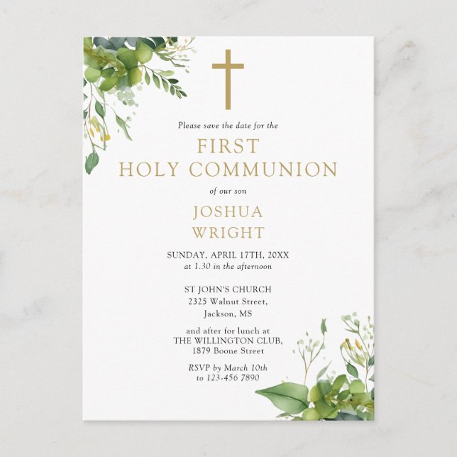 Greenery Floral First Holy Communion Save The Date Postcard (Front)