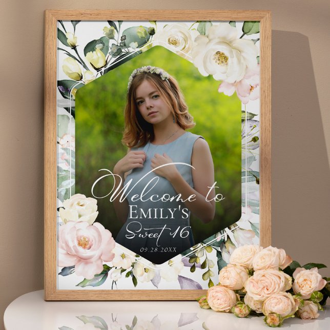 Greenery Floral Frame Photo Sweet 16 Welcome Sign (Creator Uploaded)