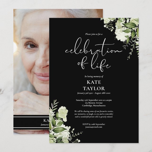 Greenery Floral Funeral Celebration of Life Photo Invitation (Front/Back)