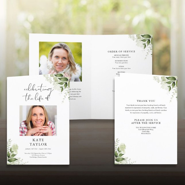 Greenery Floral Funeral Order Of Service Folded Program (Greenery Floral Funeral Order Of Service Folded Program)