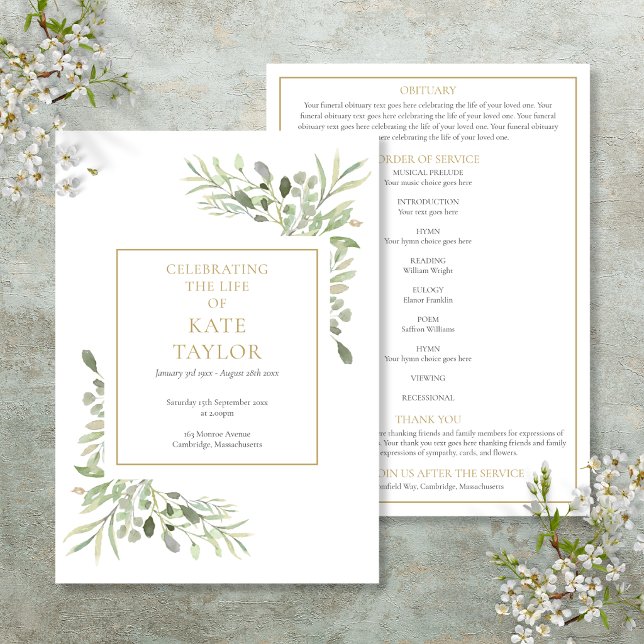 Greenery Floral Funeral Order Of Service Program (Greenery Floral Funeral Order Of Service Program)