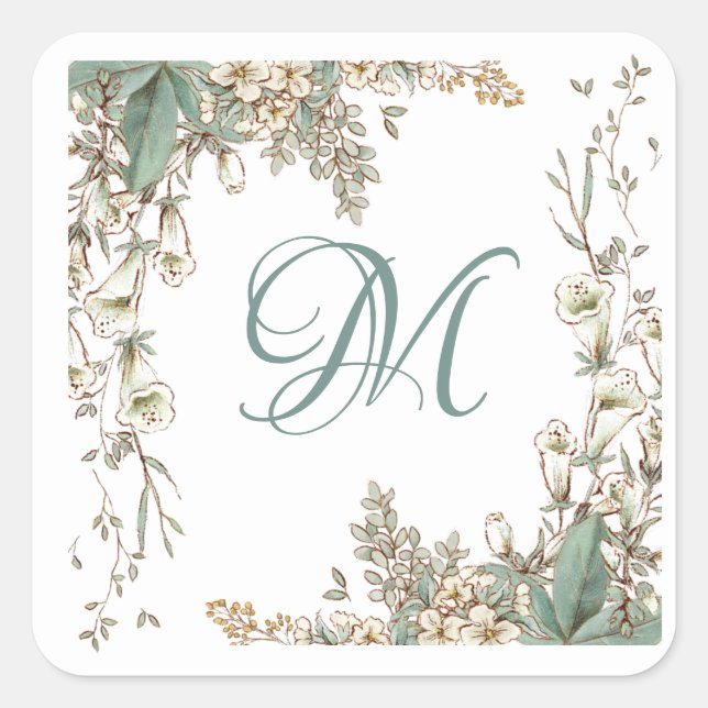 Greenery Floral Garland Script Monogram Elegant Square Sticker (Front)