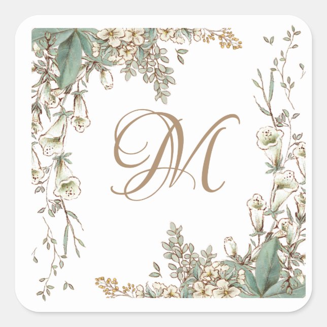 Greenery Floral Garland Script Monogram Elegant Square Sticker (Front)
