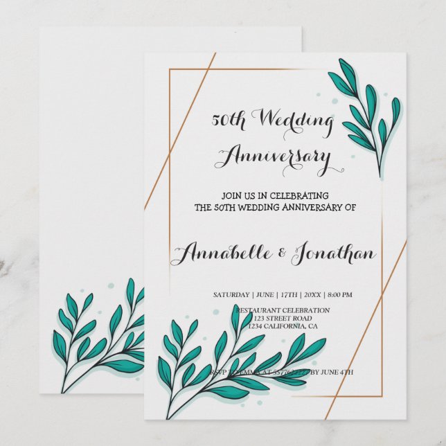 Greenery Floral Gold Foil Leav Wedding Anniversary Invitation (Front/Back)