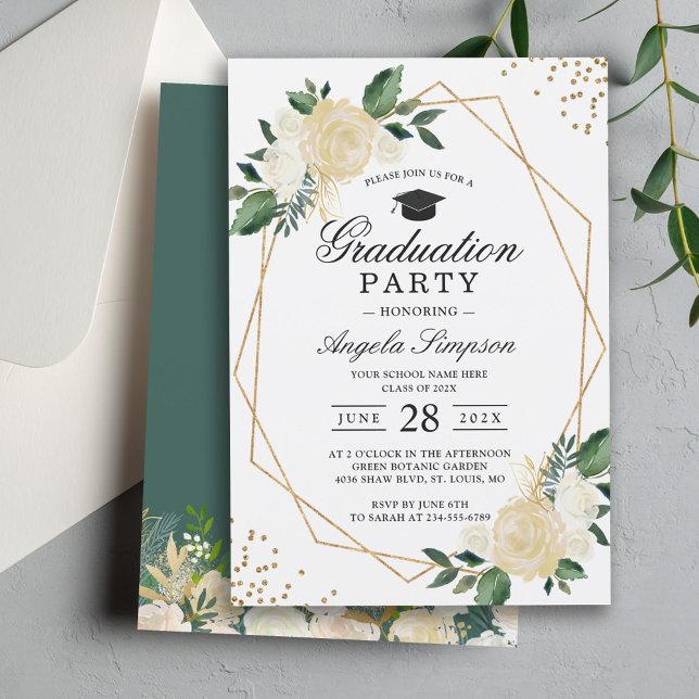 Greenery Floral Gold Geometric Graduation Party Invitation (Creator Uploaded)