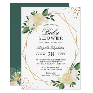 Greenery Floral Gold Glitters Baby Shower Brunch Invitation