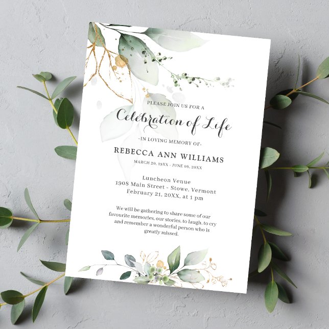 Greenery Floral Gold Nature Celebration of Life Invitation (Creator Uploaded)