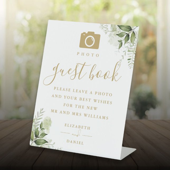 Greenery Floral Gold Photo Guest Book Wedding Pedestal Sign (Greenery Floral Gold Photo Guest Book Wedding Pedestal Sign)