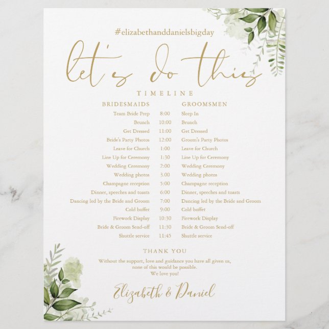 Greenery Floral Gold Wedding Schedule Timeline (Front)