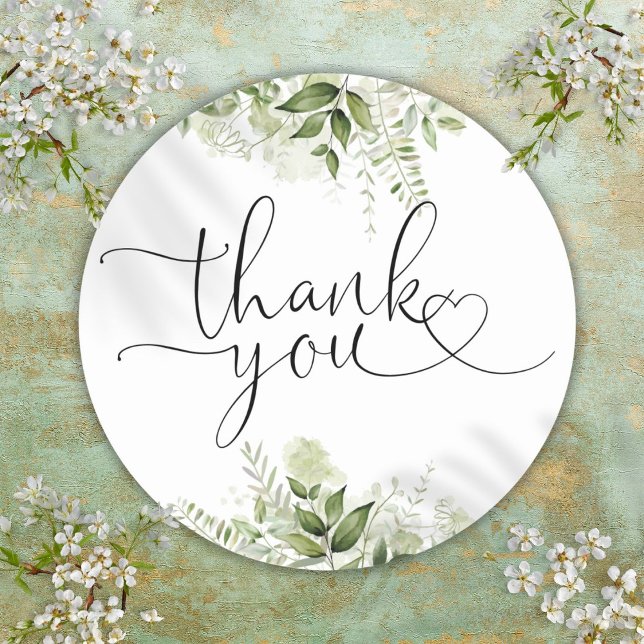Greenery Floral Heart Script Thank You Classic Round Sticker (Greenery Floral Heart Script Thank You Classic Round Sticker)