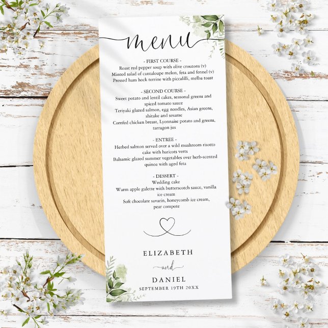Greenery Floral Heart Script Wedding Dinner Menu (Greenery Floral Heart Script Wedding Dinner Menu)