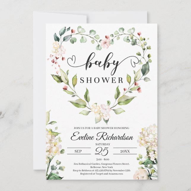 Greenery floral heart wreath white roses baby invitation (Front)