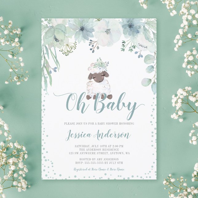 Greenery Floral Lamb Gender Neutral Baby Shower Invitation (Creator Uploaded)