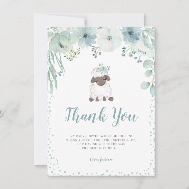 Greenery Floral Lamb Gender Neutral Baby Shower Thank You Card (Front)