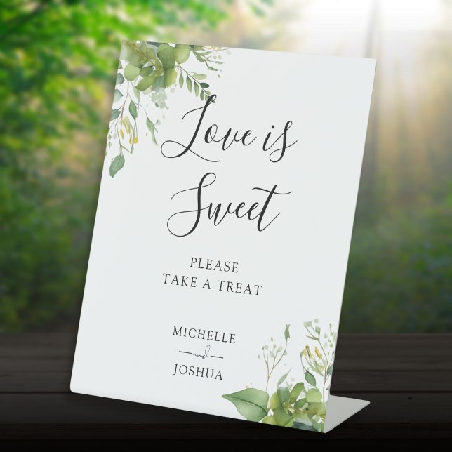 Greenery Floral Love Is Sweet Favours Pedestal Sign (Greenery Floral Love Is Sweet Favors Pedestal Sign)