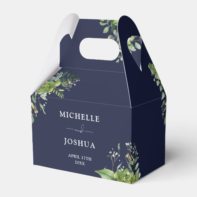 Greenery Floral Modern Navy Blue Wedding Favour Box (Back Side)