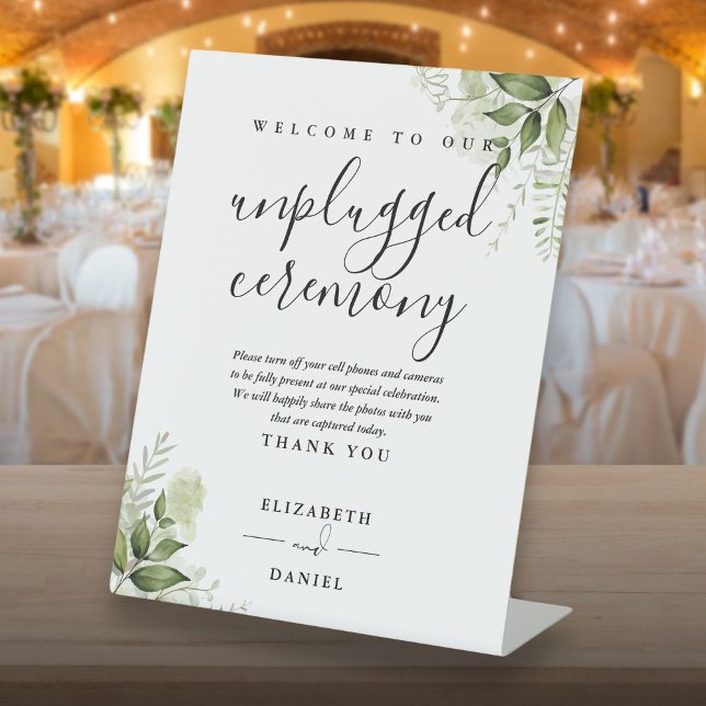 Greenery Floral Modern Unplugged Ceremony Pedestal Sign (Greenery Floral Modern Unplugged Ceremony Pedestal Sign)