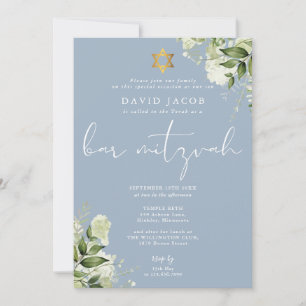 Greenery Floral Monogram Blue Bar Mitzvah Invitation