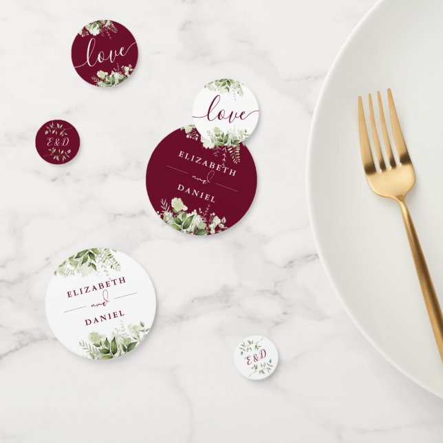 Greenery Floral Monogram Burgundy Wedding Confetti (Group)