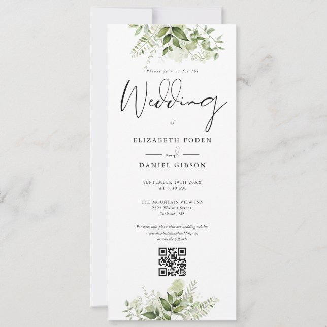 Greenery Floral Monogram QR Code Wedding Invitation (Front)