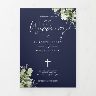 Greenery Floral Navy Blue Catholic Wedding Mass Tri-Fold Programme