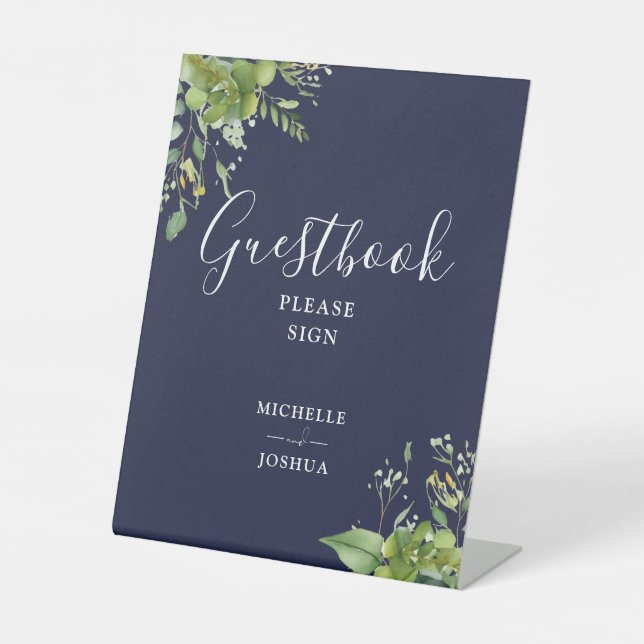 Greenery Floral Navy Blue Guestbook Pedestal Sign (Front)