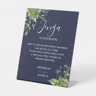 Greenery Floral Navy Blue Jenga Wedding Guestbook Pedestal Sign