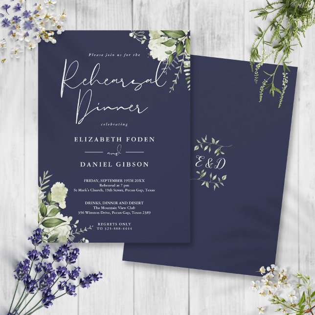 Greenery Floral Navy Blue Rehearsal Dinner Invitation (Greenery Floral Navy Blue Rehearsal Dinner Invitation)