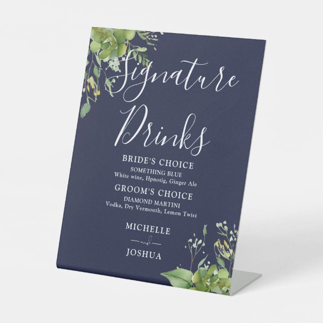 Greenery Floral Navy Blue Signature Drinks Pedestal Sign (Front)