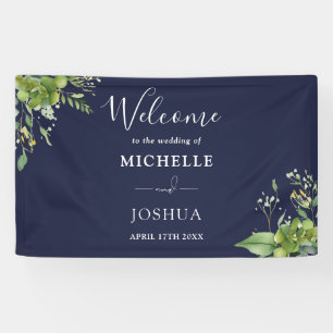 Greenery Floral Navy Blue Wedding Welcome Banner