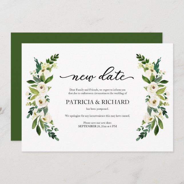 Greenery Floral New Date Wedding Postponement Invitation (Front/Back)