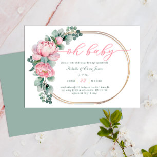 Greenery Floral Oh Baby Pink Gold Girl Baby Shower Invitation