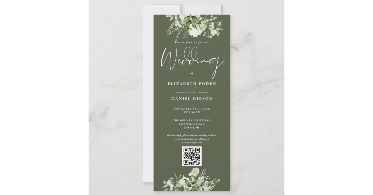 Greenery Floral Olive Green QR Code Wedding Invitation | Zazzle
