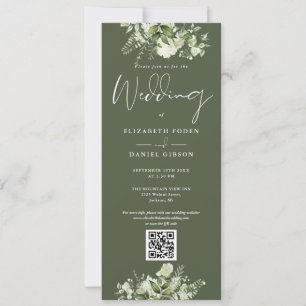 Greenery Floral Olive Green QR Code Wedding Invitation